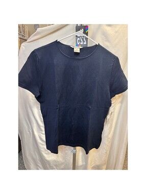 225 Nygard Collection Petites Navy Blue Silk Blend Short Sleeve Knit Top L 14-16